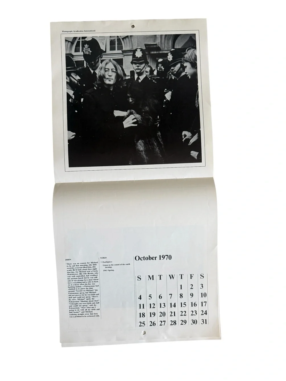 John & Yoko Blank 1970 Wall Calendar
